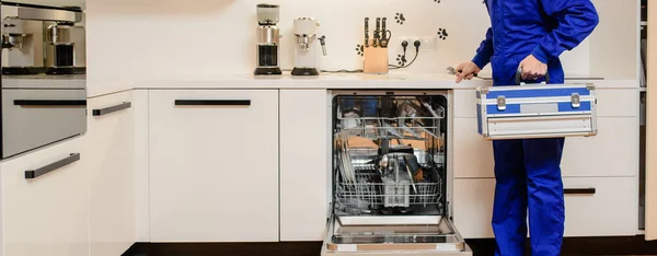 Young Man Repairman Worker Fix Repair Dishwasher Hold Toolbox His — Stockfoto