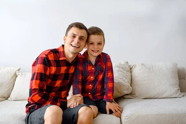 Laughing Father His Son Same Plaid Shirts Playing Having Fun — Stockfoto