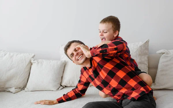 Laughing Father His Son Same Plaid Shirts Playing Having Fun — Stock Photo, Image
