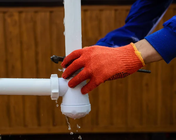 Plumbing Repair Concept Hands Protective Gloves Holding Wrench Fixing Leaking — Stock Photo, Image