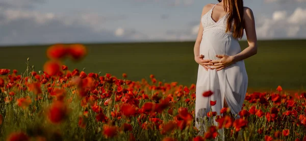 Close Pregnant Woman White Dress Holding Her Hands Her Belly — Foto Stock