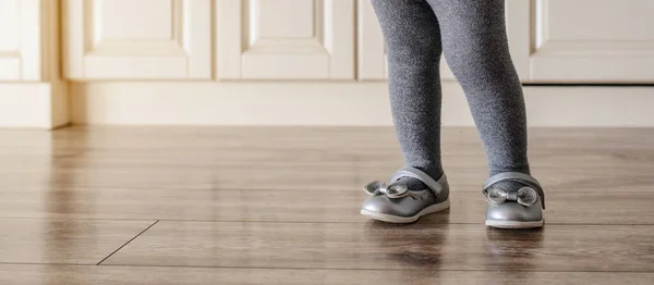 Close Little Girl Kid Orthopedic Shoes Wood Floor Space Text — Stock Photo, Image