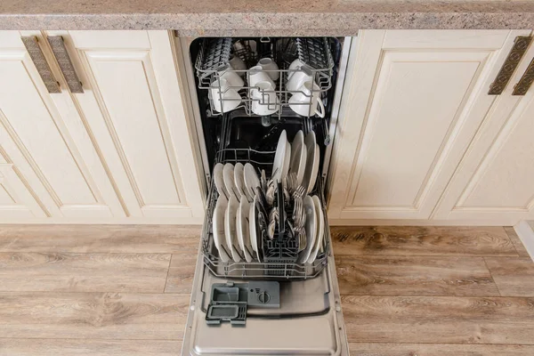 Top View Open Dishwasher Clean Dishes Vintage Wood Kitchen — Stock Photo, Image