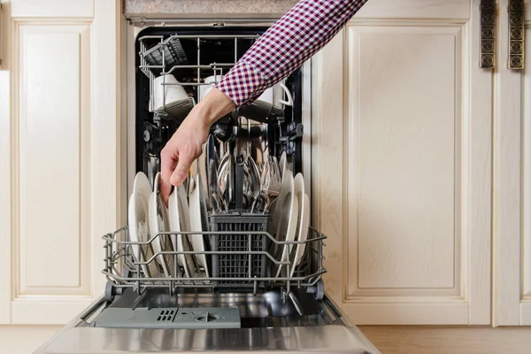 Close Man Hand Hold Plate Open Dishwasher Clean Dishes Vintage — Stock Photo, Image