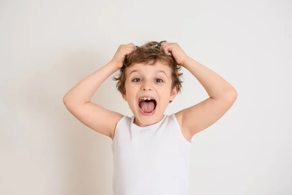 Little Happy Boy Kid Holding His Hair Shout Didn Want — Stock Photo, Image