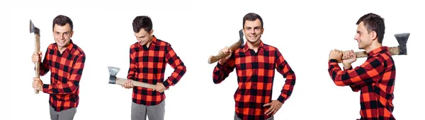 Diferente Posición Del Hombre Camisa Cuadros Leñador Sosteniendo Hacha Sonrisa — Foto de Stock