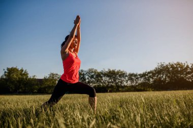 Genç ve güzel bir kadın spor yapıyor, gün batımında doğanın ortasında çimlerin üzerinde yoga egzersizleri yapıyor. Her yerde spor yap.