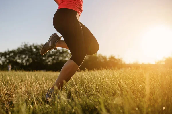 Spor Yapan Bir Kadının Bacaklarını Kapayarak Gün Batımında Doğanın Ortasında — Stok fotoğraf