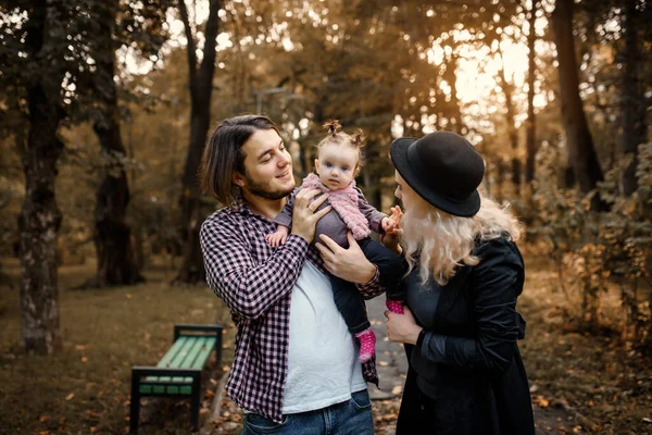 Happy Smiling Family Walking Autumn Park Father Mother Month Old — Foto Stock