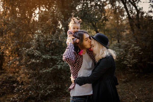 Happy Smiling Family Walking Autumn Park Month Old Baby Girl — стоковое фото