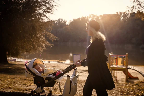 Young Mother Walking Her Baby Stroller Autumn Park Sunset — Foto Stock