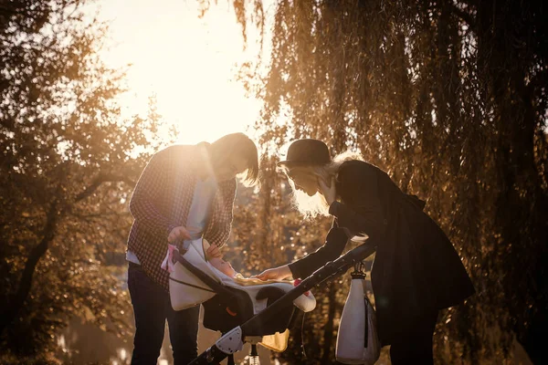 Jonge Gelukkige Familie Loopt Met Hun Baby Een Wandelwagen Een — Stockfoto