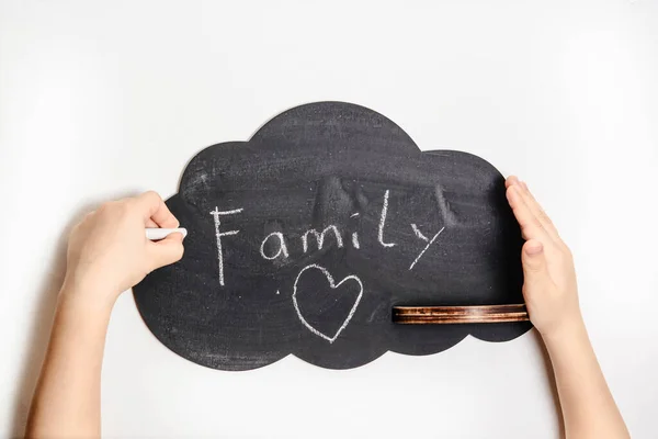 Family Concept Kid Write Word Family Drawing Board Chalk White — Stock Photo, Image