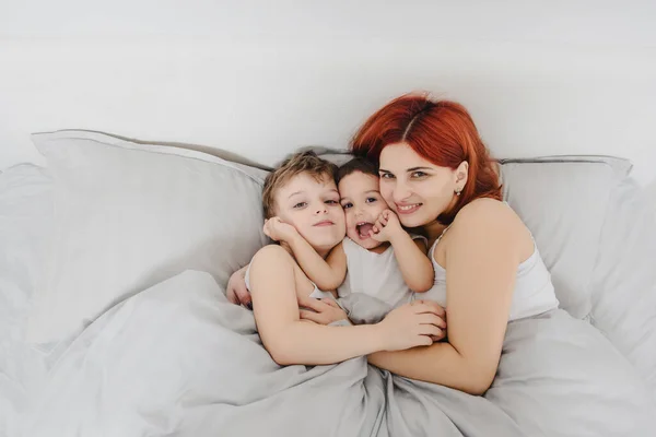 Morning Family Concept Top View Mother Her Children Son Daughter — Foto Stock