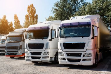 Kamyon parkında gün batımında kalan kamyonların ön görüntüsü. Nakliye konsepti. Lojistik şirketi