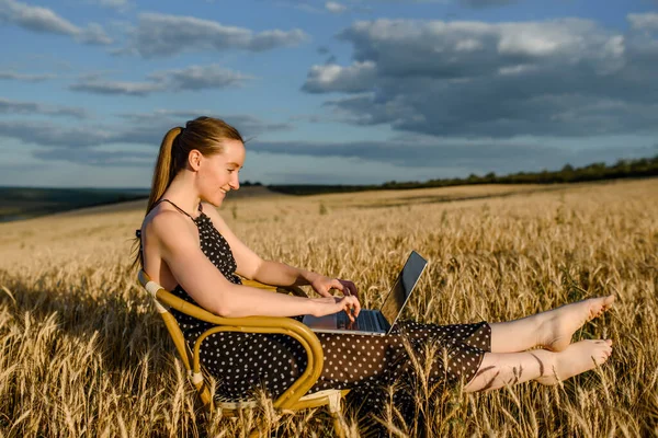 Young Woman Freelancer Working Computer Outdoors Wheat Field She Sitting — Foto Stock