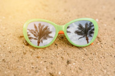 Kumun üzerindeki güneş gözlüğünü palmiyelerin yansımasıyla kapat. Tatil kavramı