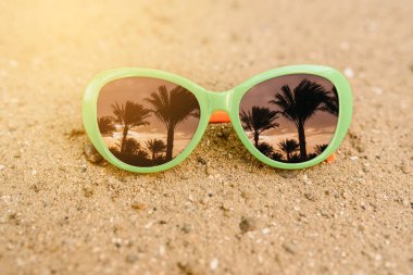 Kumun üzerindeki güneş gözlüğünü palmiyelerin yansımasıyla kapat. Tatil kavramı