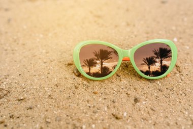 Kumun üzerindeki güneş gözlüğünü palmiyelerin yansımasıyla kapat. Tatil kavramı