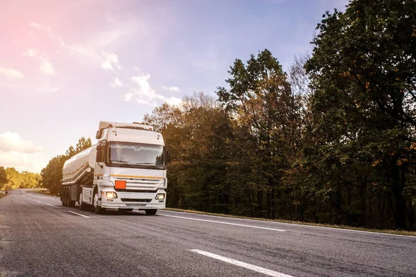 Camion Bianco Guida Sulla Strada Attraverso Foresta — Foto Stock