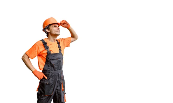 Young Happy Man Builder Construction Worker Hands Different Position White — Stockfoto