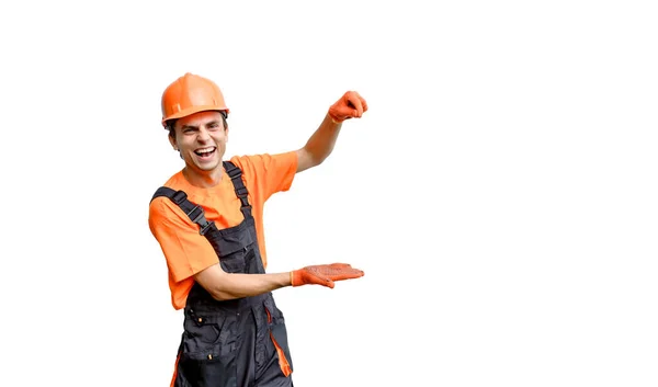 Young Happy Laughing Man Builder Construction Worker Hands Different Position — Zdjęcie stockowe