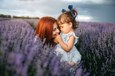 Genç, mutlu aile kavramı. Yakın çekim annesi, lavanta tarlasının ortasında kızını kucaklıyor. Onların hepsi beyaz giysiler giyiyor. Güzel lavanta çiçekleri