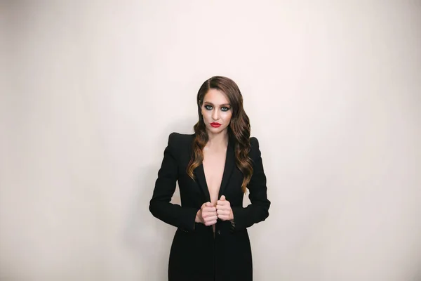 Sexy Photoshoot Concept Young Sexy Woman Wearing Black Jacket Naked — Zdjęcie stockowe