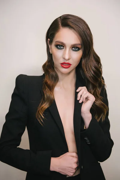 Sexy Photoshoot Concept Young Sexy Woman Wearing Black Jacket Naked — 图库照片