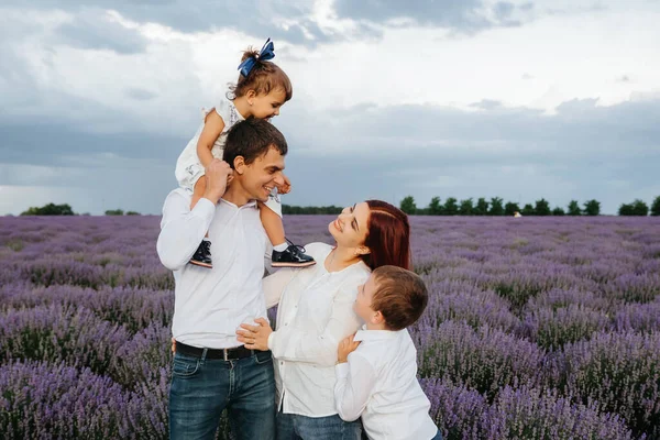 Young Happy Family Father Mother Son Daughter Middle Lavender Field — Zdjęcie stockowe