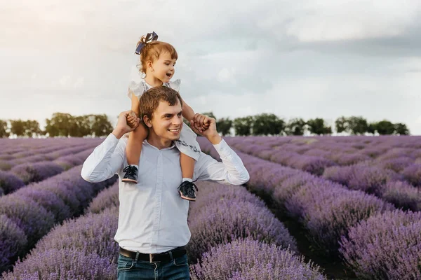 Happy Caucasian Smiling Man Walking His Daughter His Neck Middle — Stock Photo, Image