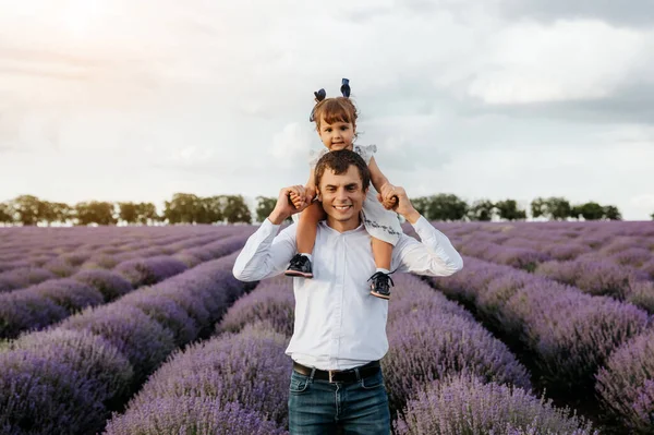 Happy Caucasian Smiling Man Walking His Daughter His Neck Middle — Stock Photo, Image
