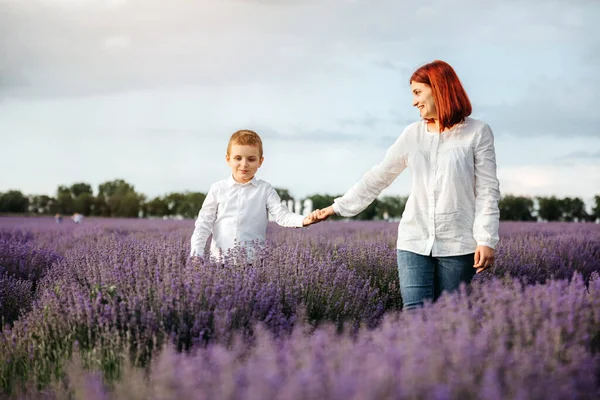 Young Woman Walking Her Son Lavender Field — Stock Photo, Image
