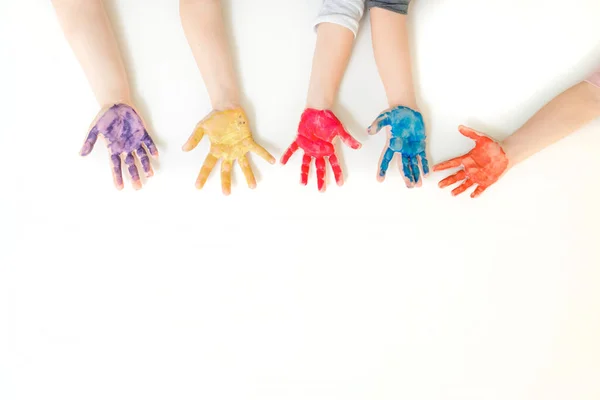 Close Children Hands Painted Yellow Blue Pink Purple Orange Paint — Stock Photo, Image