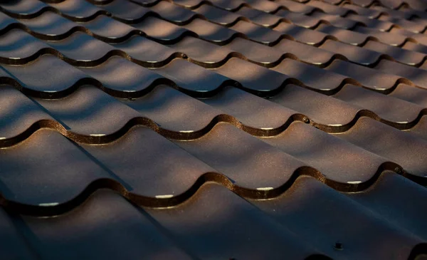 Close Part Brown Roof House Metal Tile Background — Fotografia de Stock