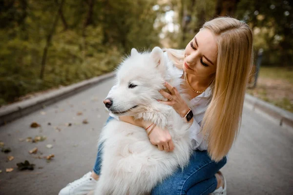 Νεαρή Όμορφη Γυναίκα Λευκό Πουκάμισο Αγκαλιάζει Λευκό Σκυλί Της Samoyed — Φωτογραφία Αρχείου
