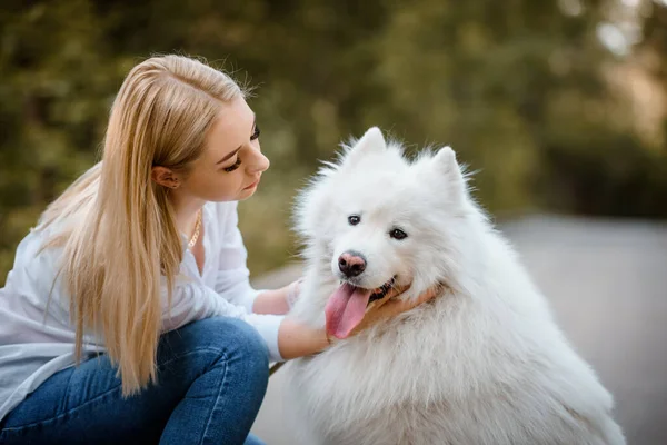 Young Beautiful Woman White Shirt Hugging Her White Dog Samoyed — Stock Fotó