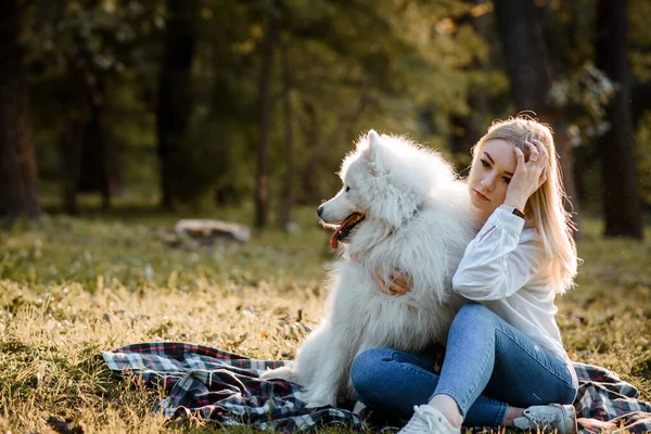 Young Beautiful Woman White Shirt Hugging Her White Dog Samoyed — Zdjęcie stockowe