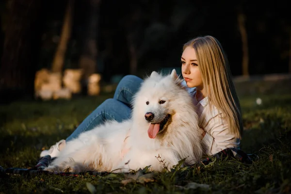 Young Beautiful Woman White Shirt Resting Grass Her White Dog — Stock Fotó