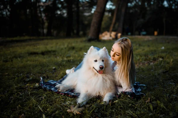 Young Beautiful Woman White Shirt Resting Grass Her White Dog —  Fotos de Stock