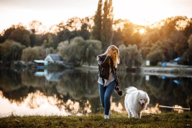 Young beautiful woman is playing on the shore of the lake with her white dog samoyed on sunset on an autumn day.