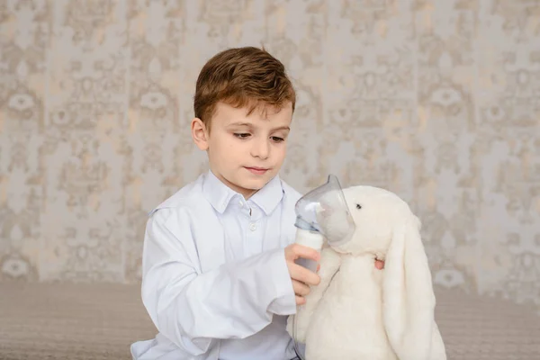 Little Boy White Medical Robe Having Fun Play Doctor Treat — Stock Photo, Image