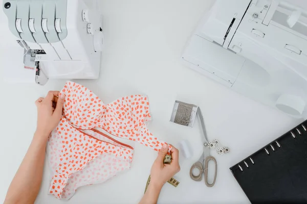 Top View Tailors Workplace Tailors Hands Preparing Sewing Panties Bra — Zdjęcie stockowe