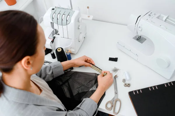 Close Young Woman Tailor Creating Sexy Underwear Lace Fabric Her — Stock Photo, Image