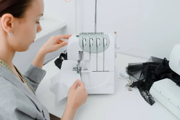 Tailor Work Space Concept Female Tailor Centimeter Ribbon Neck Adjusting — Stockfoto