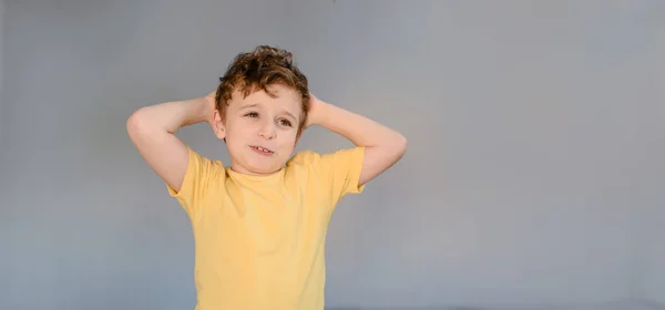 Happy Little Boy Yellow Shirt Free Space You Logo Gray — Stock Photo, Image