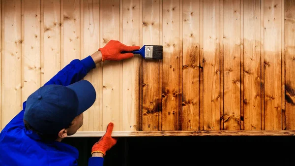 Back View Young Man Contractor Worker Paint Brush Wood Wall — Stock Photo, Image