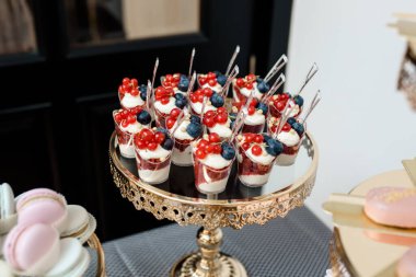 Parti çikolatası. Güzel tatlı tatlıyı yaban mersinli krema ve altın tepside kırmızı pirzola ile kaplayın.