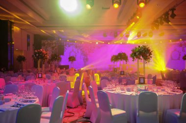 Düğün resepsiyonu masası pembe şakayık ve güllerle süslenmiş. Şarap bardakları, çatallar, bıçaklar, tabaklar