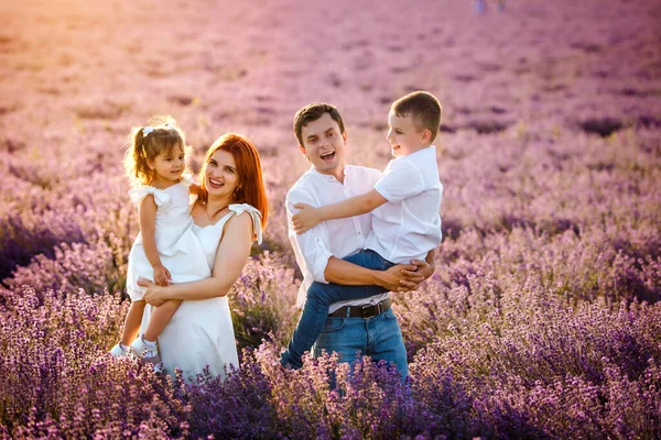 ラベンダー畑の若い家族の父 2人の子供 男の子と女の子 ストックフォト